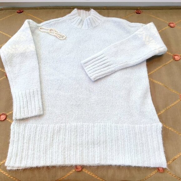 Woolovers Sweater Mock Neck Wool Mohair Pale Blue White Fair Isle Sleeves (XS) - Picture 4 of 7